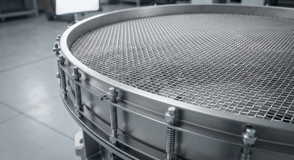 Close-up of stainless steel mesh and tensioning frame assembly for an industrial vibrating screen.