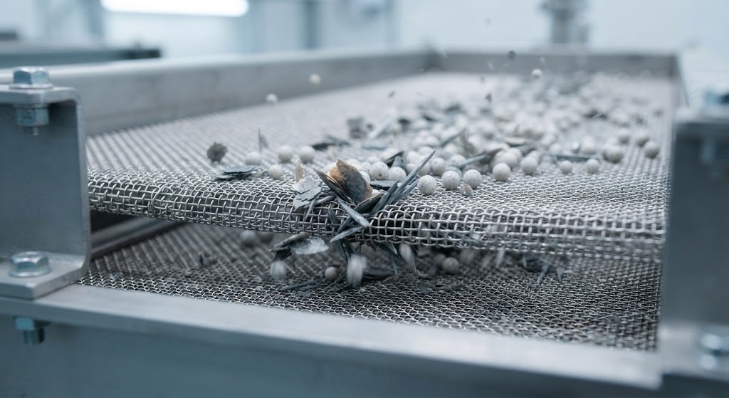 Macro view of powder screening on linear vibrating screen showing spherical particles flowing smoothly versus flaky and needle-like particles causing mesh bridging.