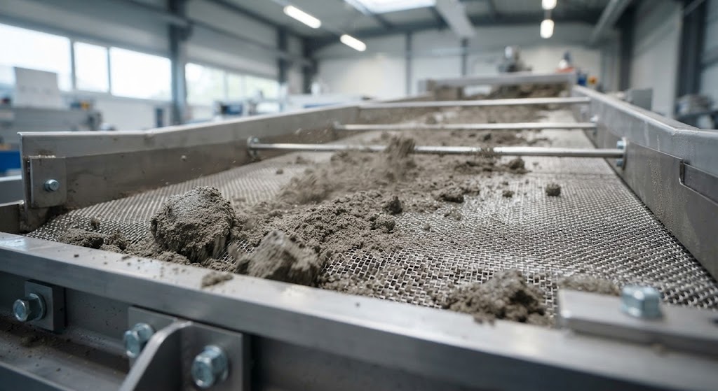 Close-up of heavy, slightly moist bulk material impacting the mesh of a linear vibrating screen, demonstrating high load capacity and vibration dynamics.