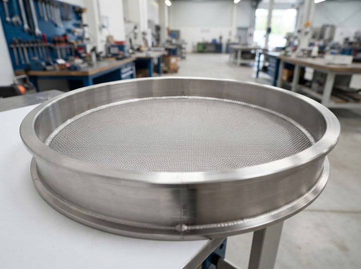 A macro industrial photograph showing a perfectly tensioned circular vibrating screen mesh frame, with a sharp focus on the clean, uniform industrial adhesive bonding where the mesh meets the stainless steel ring.