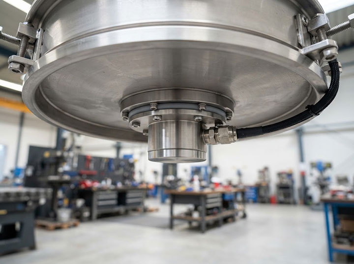 A detailed low-angle technical photograph taken from beneath a 304 stainless steel circular screen frame, illustrating the ultrasonic transducer assembly perfectly perpendicular and tightly sealed with a compressed industrial-grade O-ring.