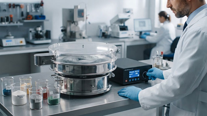 A professional industrial R&D laboratory scene showing an engineer testing a customized ultrasonic circular vibrating screen with various powder samples, focused on precise frequency matching for high-efficiency sieving.