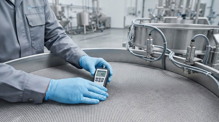 Engineer checking stainless steel ultrasonic sieve mesh tension with digital meter