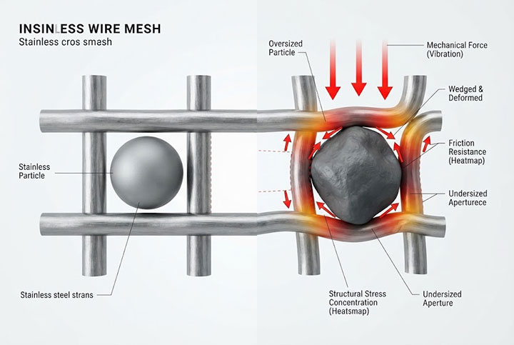 Microscopic diagram showing particle bridging and blinding on industrial sieve mesh