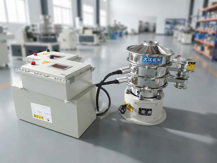 Dahan stainless steel rotary vibrating sifter equipped with an ultrasonic de-blinding control box in a factory workshop.