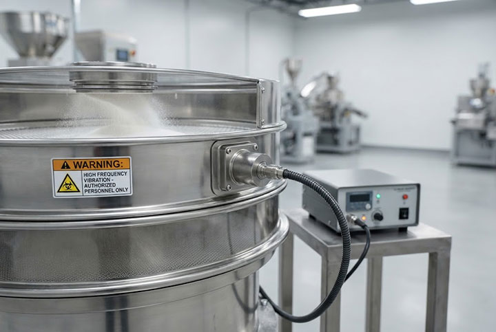 Industrial ultrasonic vibrating screen system integrated for micron-level powder screening