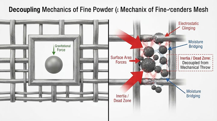 Microscopic visualization of electrostatic and moisture forces causing fine powder blinding on sieve mesh