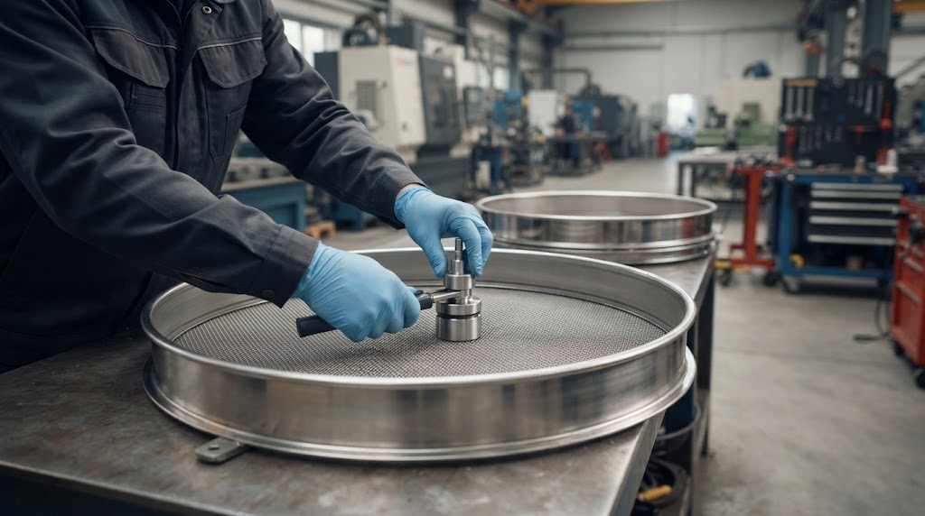An industrial engineer's gloved hands installing a flange-mounted ultrasonic transducer onto the circular mesh frame of a rotary vibrating screen in a factory workshop.