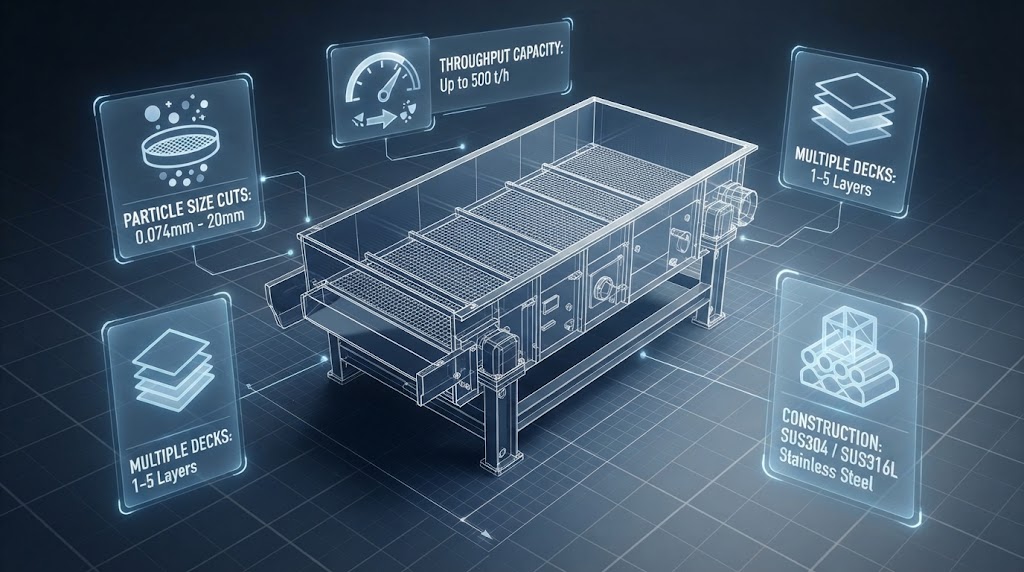 Infographic showing technical specifications of a rectangular vibrating screen including particle size cuts, throughput capacity, deck layers, and stainless steel construction.
