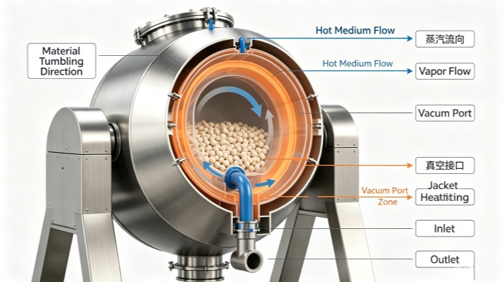 Cross section diagram of Double Cone Rotary Vacuum Dryer showing heating jacket vacuum port and material tumbling direction