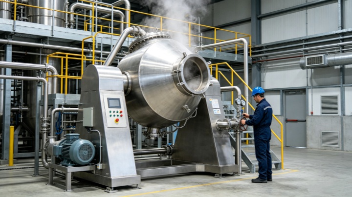 Double Cone Rotary Vacuum Dryer in operation at pharmaceutical manufacturing facility for API drying application
