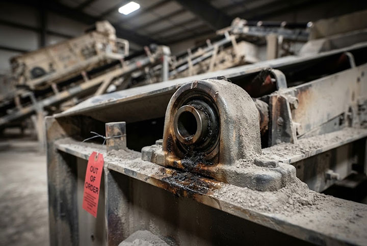 Severe industrial vibrating screen bearing failure due to inadequate lubrication and overheating, emphasizing the cost of neglected maintenance.