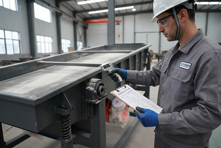 Focused Dahan Machinery plant operator conducting daily walkaround inspection on a linear vibrating screen with infrared thermometer and checklist.