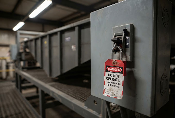 Lockout/Tagout (LOTO) safety padlock and danger tag attached to the main electrical control panel of a stationary industrial linear vibrating screen during maintenance.