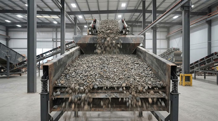 Correct even material distribution across the full width of an industrial vibrating screen inlet chute to prevent uneven wear.