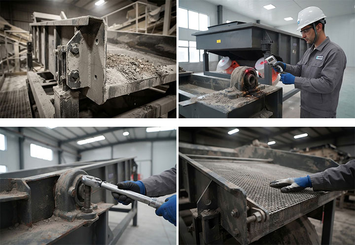 Comprehensive maintenance checklist infographic for Dahan Machinery heavy-duty linear vibrating screen, featuring structural wear inspection, bearing temperature monitoring, fastener torque verification, and screen cloth tension assessment.