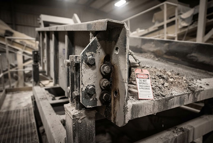 Close-up of a vibrating screen exciter mounting area showing loose bolts, heavy grease buildup, and a danger tag, indicating severe operational anomalies requiring immediate inspection.