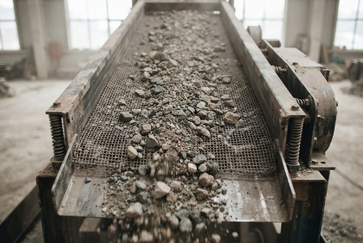 Top-down view of a single-deck vibrating screen showing material pooling and near-size particles blinding the mesh, illustrating the limitations of single-stage separation.