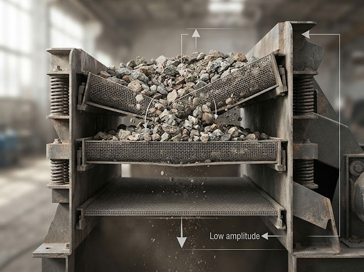 Cutaway view of a multi-deck vibrating screen revealing unequal G-force distribution, with the top deck overloaded and bottom deck underutilized, demonstrating the engineering trap of adding more decks.
