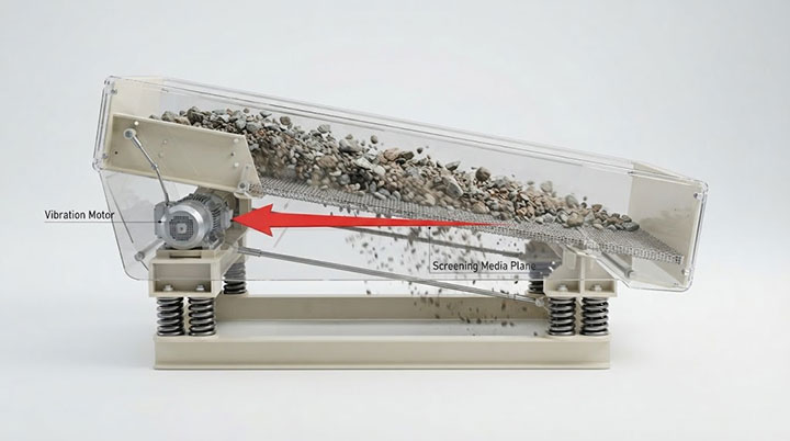A cutaway render of a single-deck vibrating screen showing a single, powerful red energy vector from the motor concentrated exclusively on the single screening plane, illustrating maximum volumetric flow.