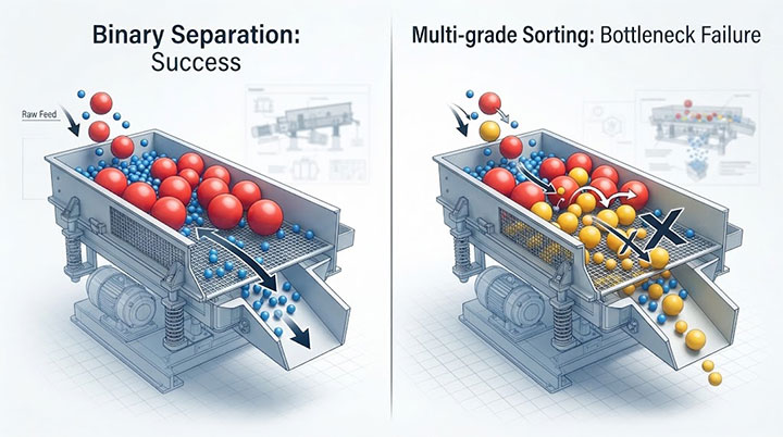 An engineering infographic comparing single-deck screening: on the left, successful binary separation; on the right, a bottleneck failure when attempting multi-grade sorting of three fractions
