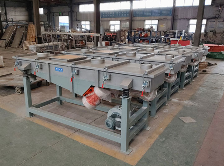 A view of Dahan Machinery's manufacturing floor showing a series of custom-configured, multi-deck screening machines designed for integrated plant operations, highlighting modular frame layouts and scalable production.