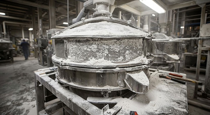 Industrial photograph showing severe mesh blinding and dust leakage on a sub-optimal screening machine in a chemical plant