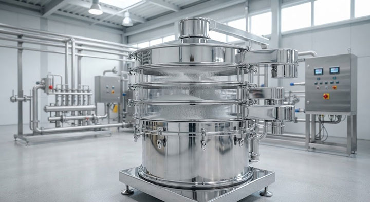 Professional industrial photo of a Dahan ultrasonic vibrating screen operating cleanly and efficiently in a modern chemical powder production line