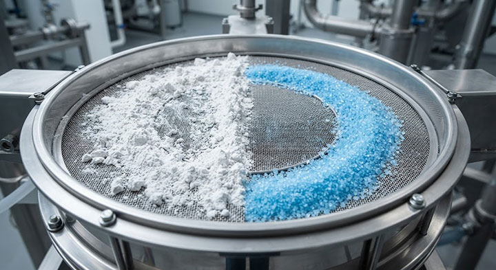 Macro industrial photo comparing cohesive fine powder blinding mesh vs free-flowing crystalline granules on a vibrating screen in a chemical plant
