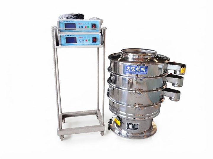 Mobile stainless steel cart with two ultrasonic generator controllers for industrial vibrating sieve, clean white background product shot
