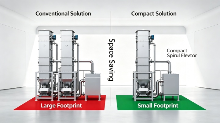 Floor space comparison vibrating spiral elevator versus bucket elevator and pneumatic conveyor