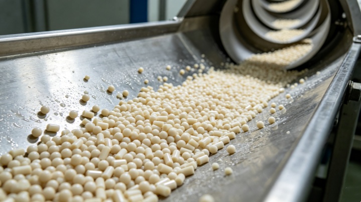 Plastic pellets cooling on vibrating spiral elevator trough during vertical lift