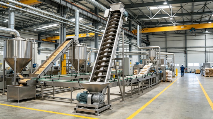 Vibrating spiral elevator installed in plastic compounding production line