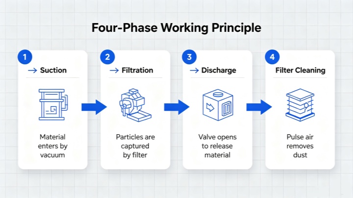 Pneumatic vacuum conveyor working principle 4-phase cycle diagram suction filtration discharge reverse pulse cleaning