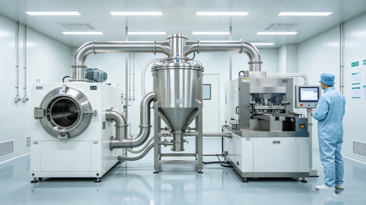 Pneumatic vacuum conveyor installed in cleanroom pharmaceutical production line dust-free operation