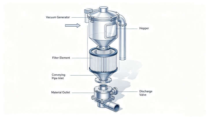 Exploded view pneumatic vacuum conveyor components filter discharge valve hopper vacuum generator