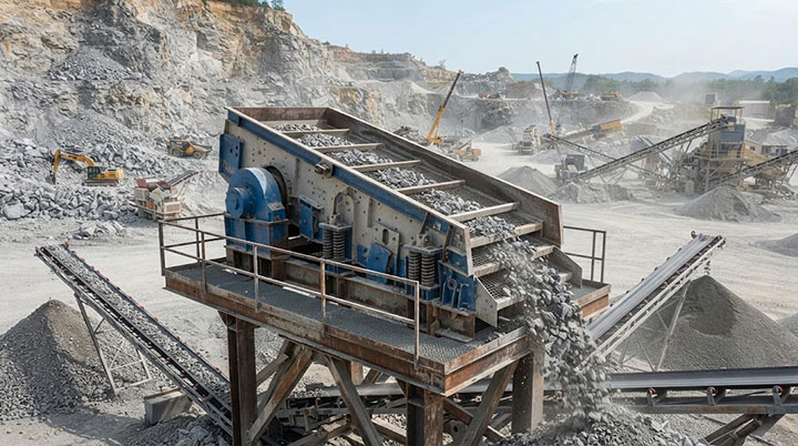 Dahan YK series industrial inclined vibrating screen separating crushed limestone aggregates at a quarry processing plant.