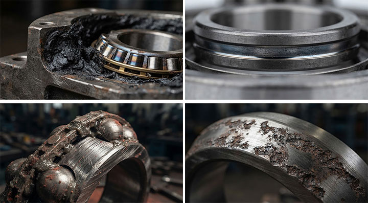 Technical infographic showing a quad-chart comparison of four distinct bearing failure modes in heavy-duty circular vibrating screens: 1. Severe Grease Contamination, 2. Incorrect Internal Clearance / Preload, 3. Abrasive Wear from Contaminants, 4. Severe Rolling Contact Fatigue (Spalling).