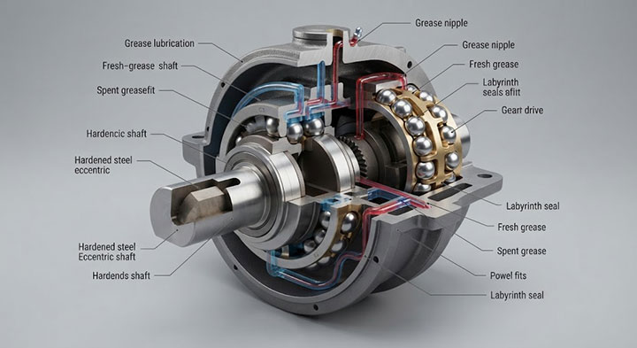 Technical cutaway illustration of a heavy-duty circular vibrating screen exciter gearbox, detailing the hardened steel eccentric shaft, spherical roller bearings, labyrinth seals, and the internal grease lubrication path (blue for fresh grease, red for spent grease).