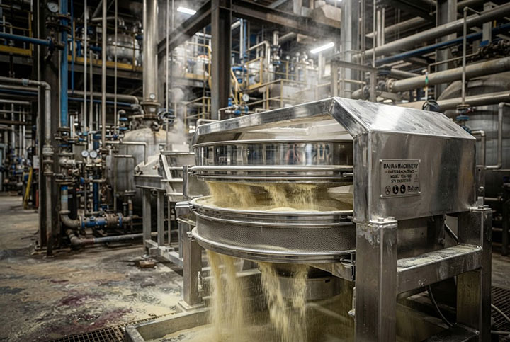 Industrial documentary photo of a custom-engineered Dahan Machinery stainless steel tumbler screening machine actively operating in a complex chemical processing plant. The machine is sieving powder, with industrial piping and steel structures visible in the background, emphasizing a real working environment.