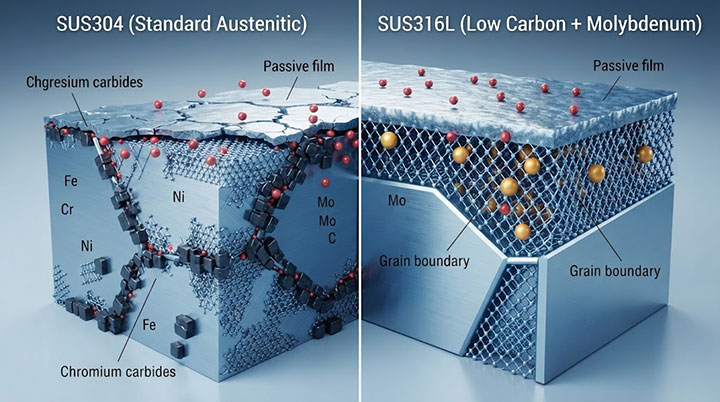 Microscopic comparison of SUS304 and SUS316L microstructure showing Molybdenum effect and intergranular corrosion resistance.