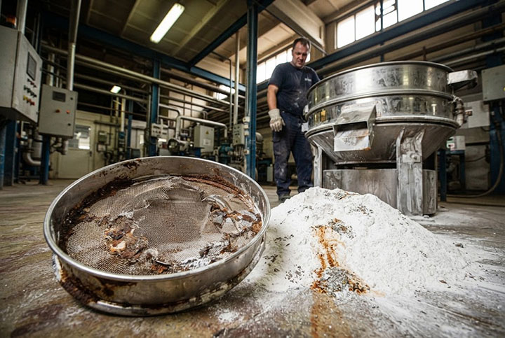 Industrial documentary photo showing a ruptured stainless steel sifter screen and contaminated chemical powder on a factory floor, indicating material failure.