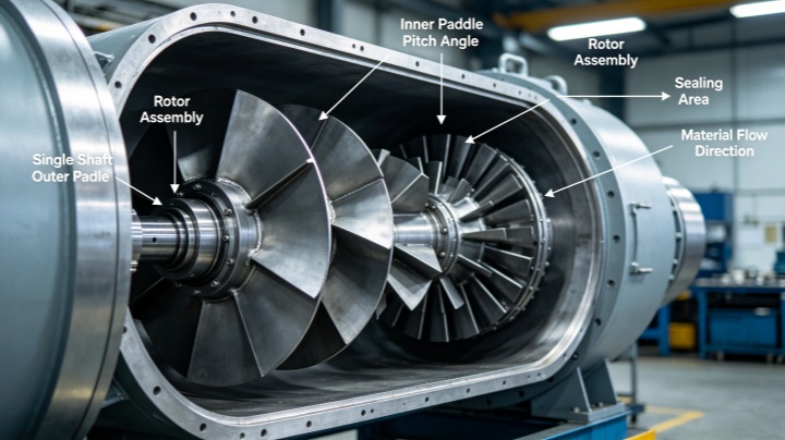 Close-up of double-layer paddle rotor assembly on a single shaft paddle mixer showing inner and outer blade arrangement