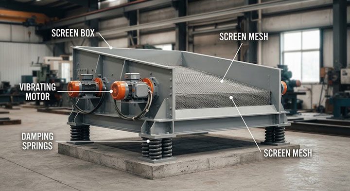 Labeled diagram showing key components of Dahan linear vibrating screen including screen box, dual motors, damping springs, and mesh.