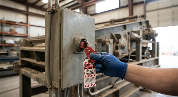 Maintenance worker hand in blue glove applying industrial safety lockout tagout (LOTO) hasp and 'Danger Do Not Operate' tag on vibrating screen control switch.