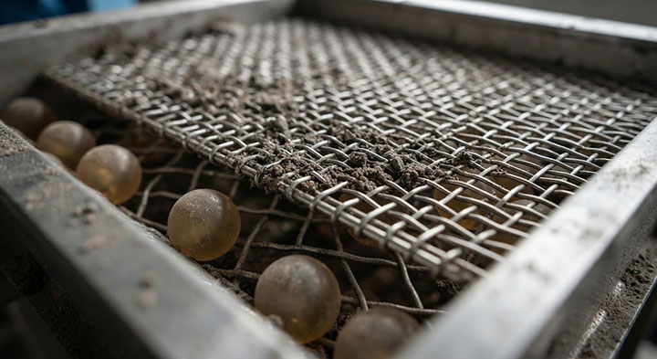 Macro close-up of linear vibrating screen stainless steel mesh partially blinded by damp industrial powder and granular material with anti-blinding balls visible.