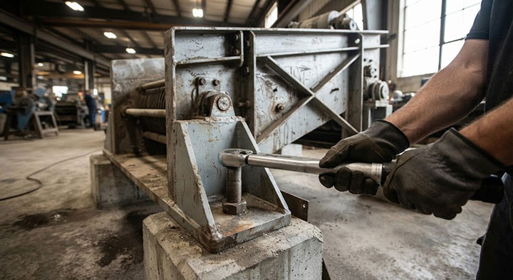 Maintenance technician wearing gloves using a torque wrench to tighten heavy anchor bolt on the base support of a linear vibrating screen in industrial workshop.