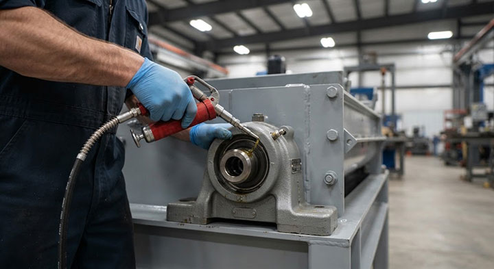 Technician in blue coveralls and blue nitrile gloves using a professional grease gun to inject lubricant into the grease fitting of a vibrating motor bearing housing.