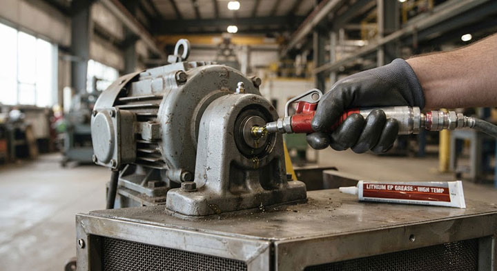 Maintenance technician in gloves using pneumatic grease gun to apply high-temperature lithium grease to vibrating motor bearing zerk fitting in factory workshop.