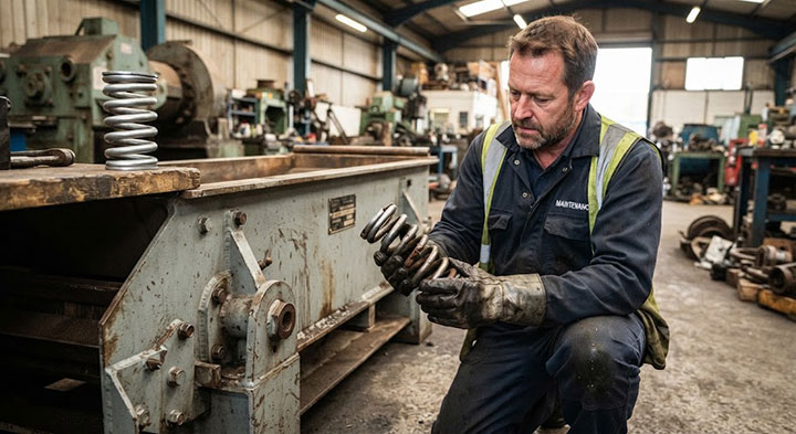 Maintenance engineer holding a fatigued and broken steel coil damping spring removed from an aged linear vibrating screen in a workshop.
